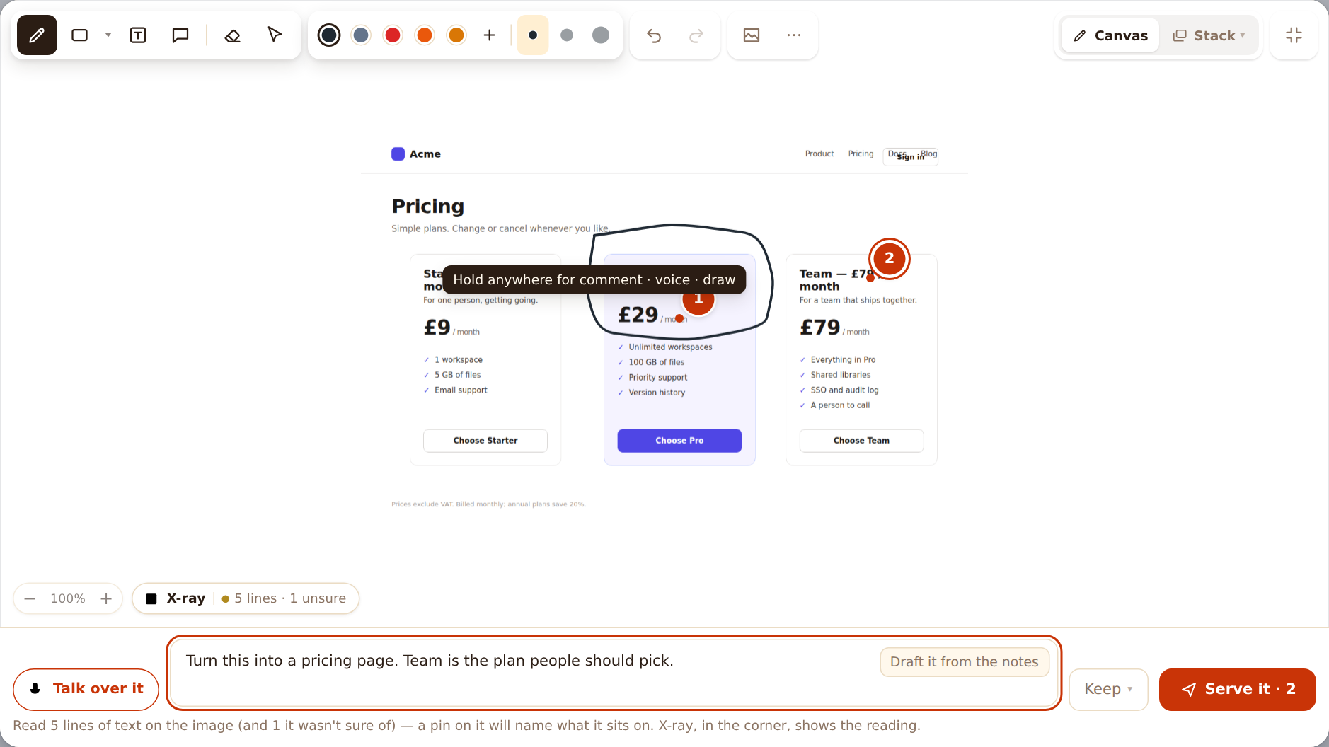 The Preppit canvas: a captured pricing page with a hand-drawn ring around the middle plan, two numbered pins, and one line of instruction underneath.