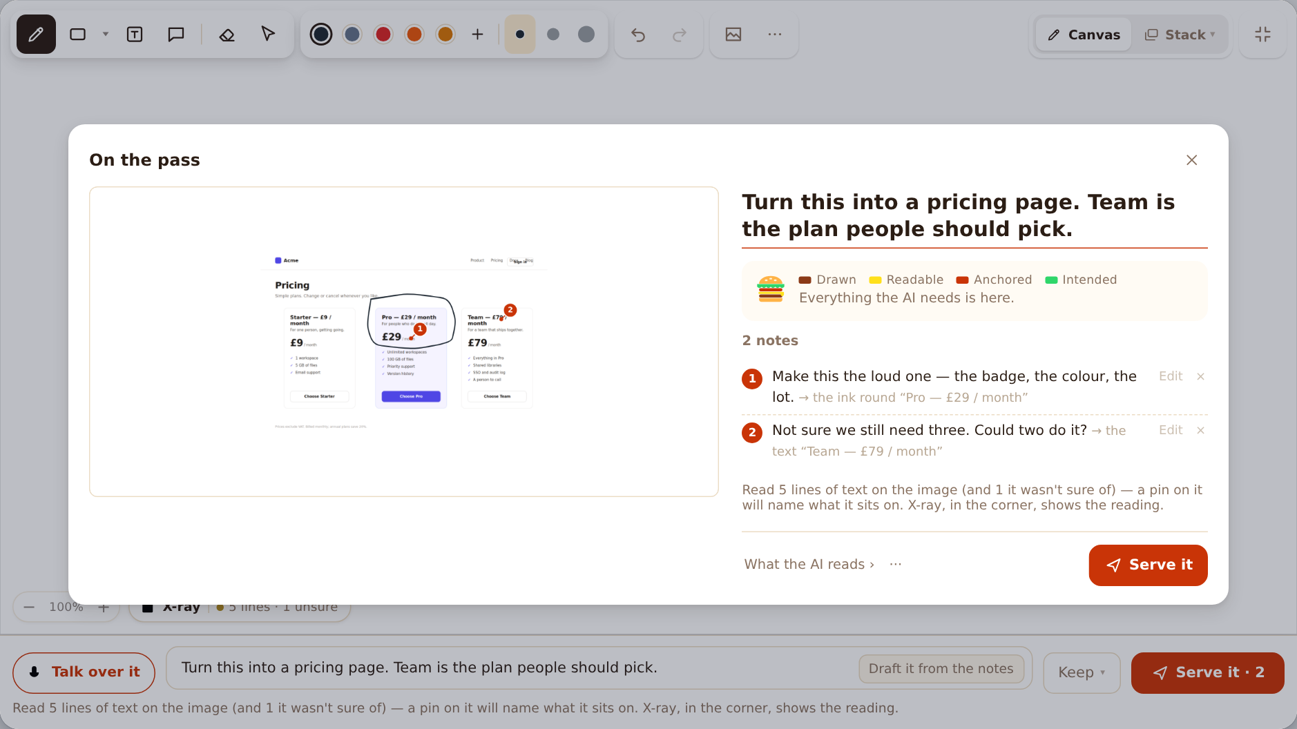 The pass: the instruction as a headline, a readiness row, and two notes each saying what they are about.